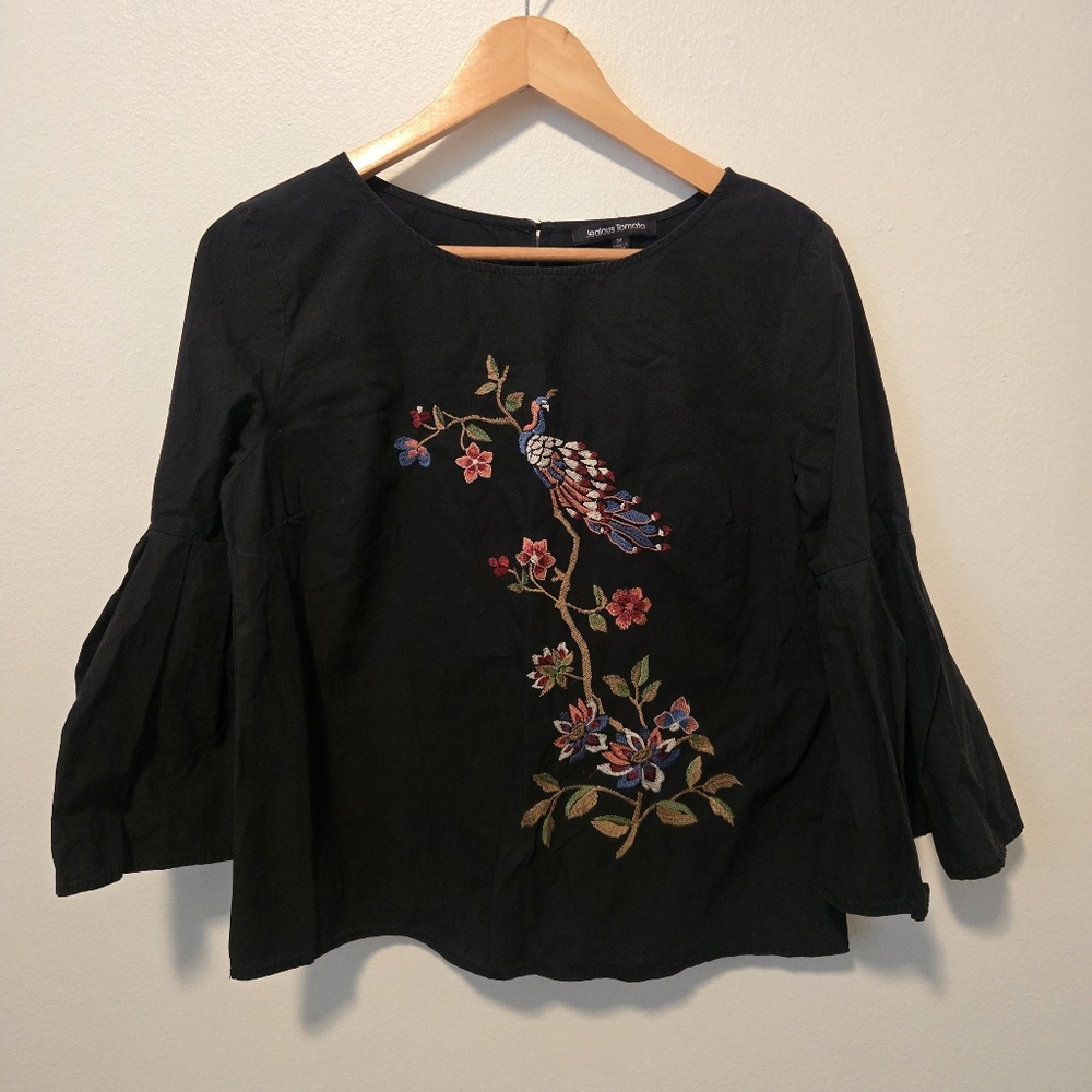 Black Bell Sleeve Blouse with Colorful Embroidery